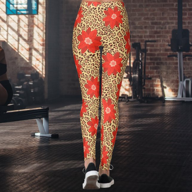 Exotic Luxury Leopard med röd blomma Skriv ut Leggings (Skapare uppladdad)