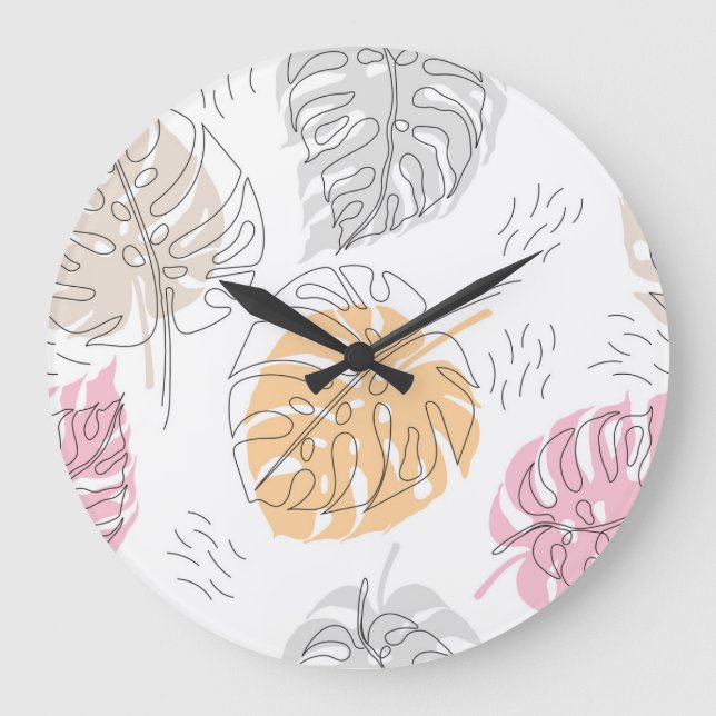 Exotic Monstera Line Teckning Art Stor Klocka (Framsida)