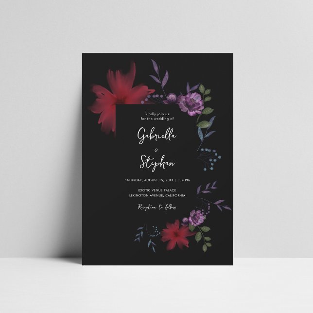 Exotic Night-Blommigt | Moody Mörk Romantic Bröllo Inbjudningar (Skapare uppladdad)