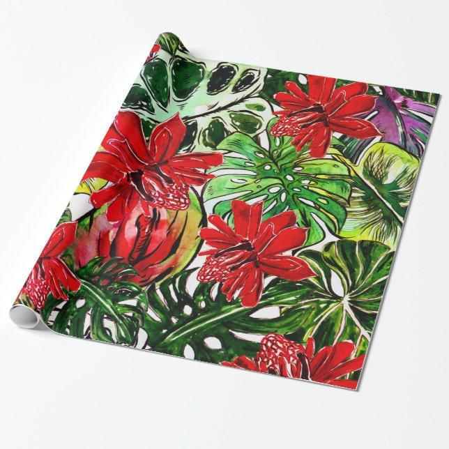 Exotic Passiflora Flowers Jungle Watercolor Patter Presentpapper (Utrullad)