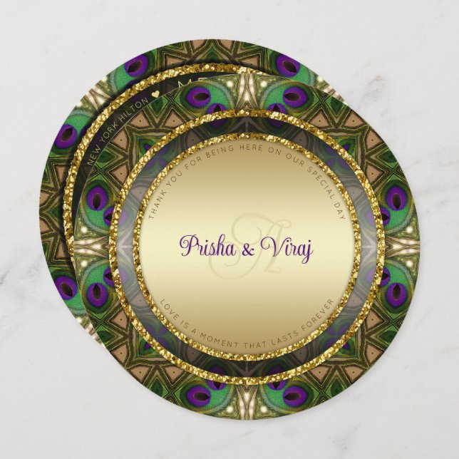 Exotic Peacock Feather Indian Wedding bjudande Meny (Fram/baksida)