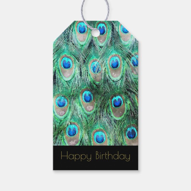 Exotic Peacock Feathers Grattis på födelsedagen Presentetikett (Framsidan)