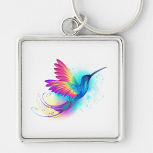 Exotic Rainbow Hummingbird Fyrkantig Silverfärgad Nyckelring