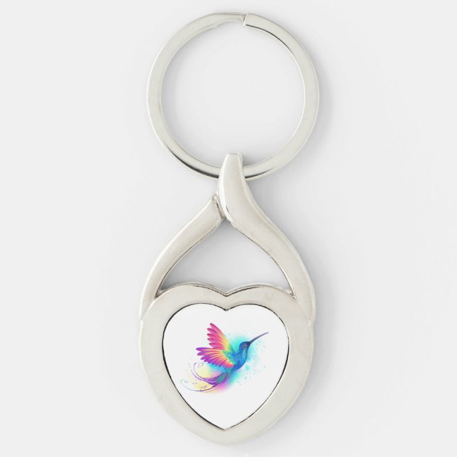 Exotic Rainbow Hummingbird Twisted Heart Silverfärgad Nyckelring (Framsidan)