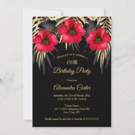 Exotic Red Black Guld Handflatan Blommigt Födelsed Inbjudningar
