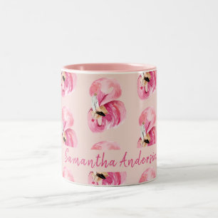 Exotic Rosa Watercolor Flamingo Pattern & Namn Två-Tonad Mugg