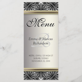 Exotic Silver Black White Decor Bröllop Menu Meny