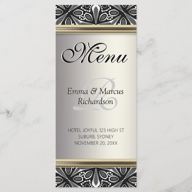 Exotic Silver Black White Decor Bröllop Menu Meny (Framsida)