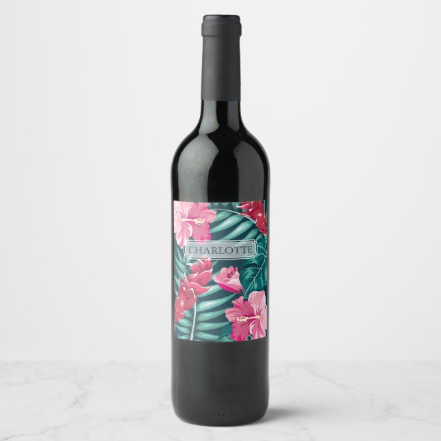 Exotic Summer Blommigt monogram Vinflaska Etikett (Framsida)