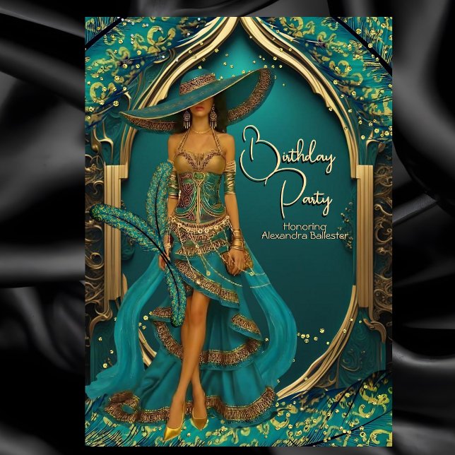 Exotic Teal Blue Dress Guld Feather Födelsedagsfes Inbjudningar (Skapare uppladdad)