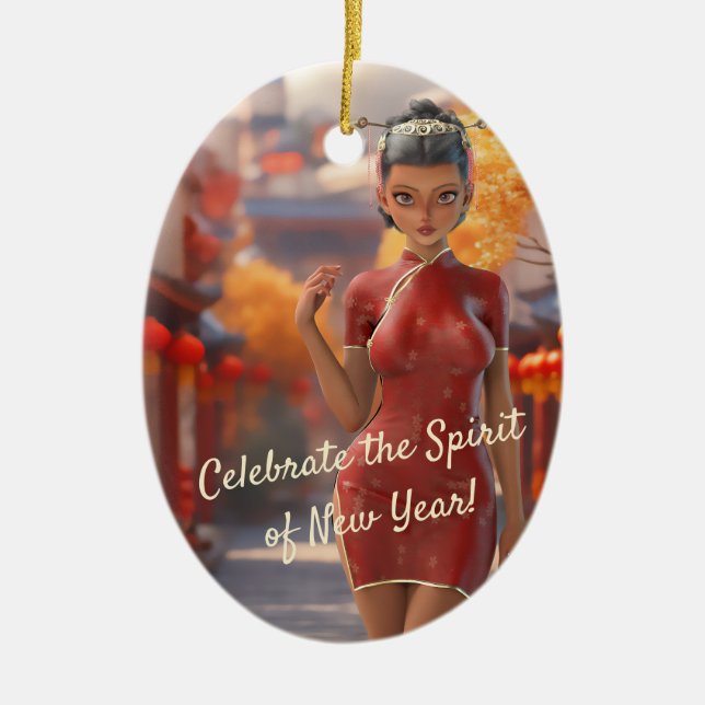 Exotic Toon Girl firar kinesiska nyår Julgransprydnad Keramik (Framsidan)