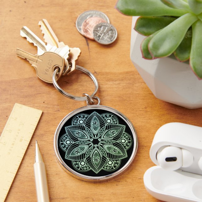 Exotic Tribal Grönt Gradient Mandala Rund Silverfärgad Nyckelring (Skrivbord)