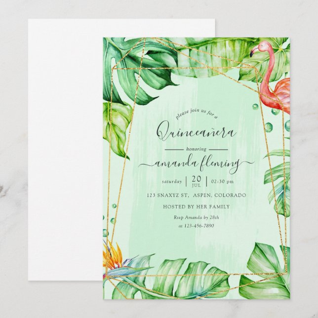 Exotic Tropical Flamingo Geometric Quinceañera Inbjudningar (Fram/baksida)