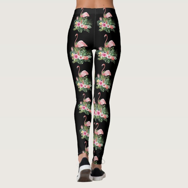 Exotic Tropical Flowers Flamingo Pattern Leggings (Baksida)