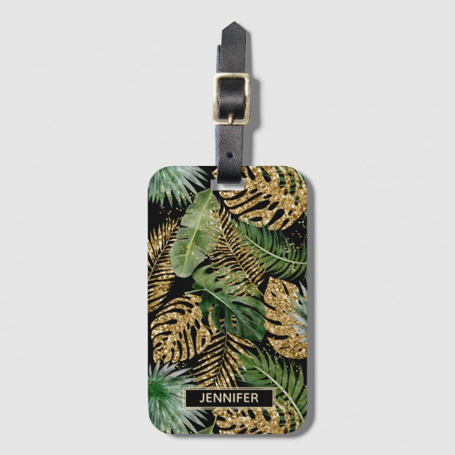 Exotic Tropical Handflatan Löv Faux Guld Glitter N Bagagebricka (Framsida vertikal)