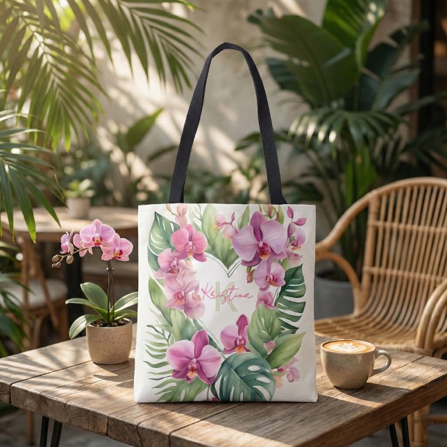 Exotic Tropical Orchid Watercolor Floral Heart Tygkasse (Skapare uppladdad)