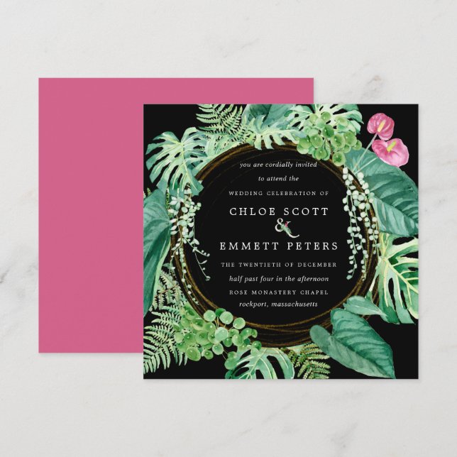 Exotic Tropical Rosa Blommigt Winter Wedding Inbjudningar (Fram/baksida)