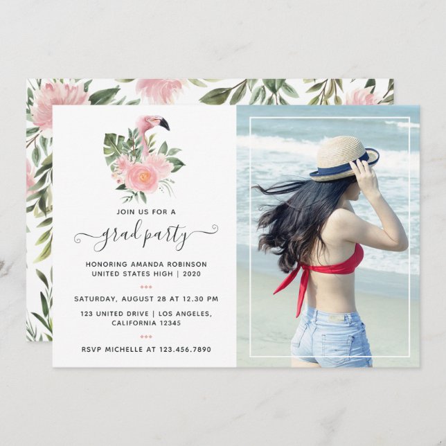 Exotic Tropical Rosa Flamingo Studentfest Inbjudningar (Fram/baksida)