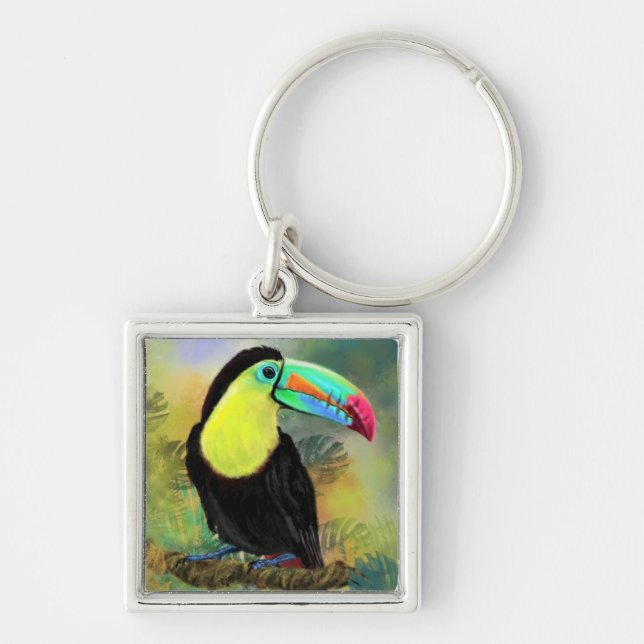 Exotic Tropical Toco Toucan Bird - Painting Miged Fyrkantig Silverfärgad Nyckelring (Framsidan)