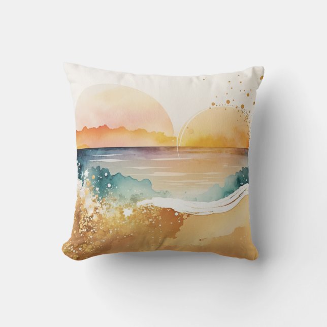 Exotic Watercolor Beach Sunset Kudde (Framsida)