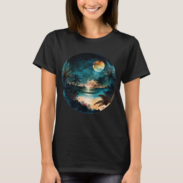 Exotic Watercolor Beach Sunset T Shirt (Framsida)