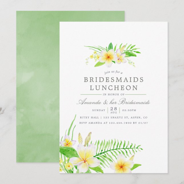 Exotic Watercolor Frangipani Bridesmaids Luncheon Inbjudningar (Fram/baksida)