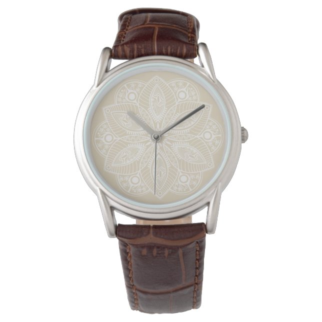 Exotic White Mandala på Beige Background Armbandsur (Framsida)