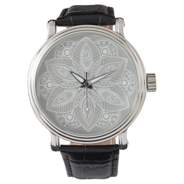 Exotic White Mandala på Grått Background Armbandsur (Framsida)