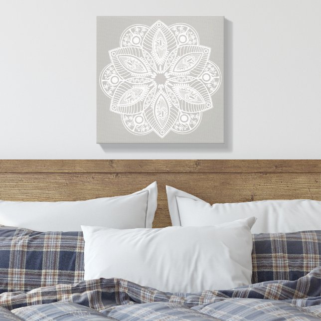 Exotic White Mandala på Grått Background Canvastryck (Insitu (sovrum))