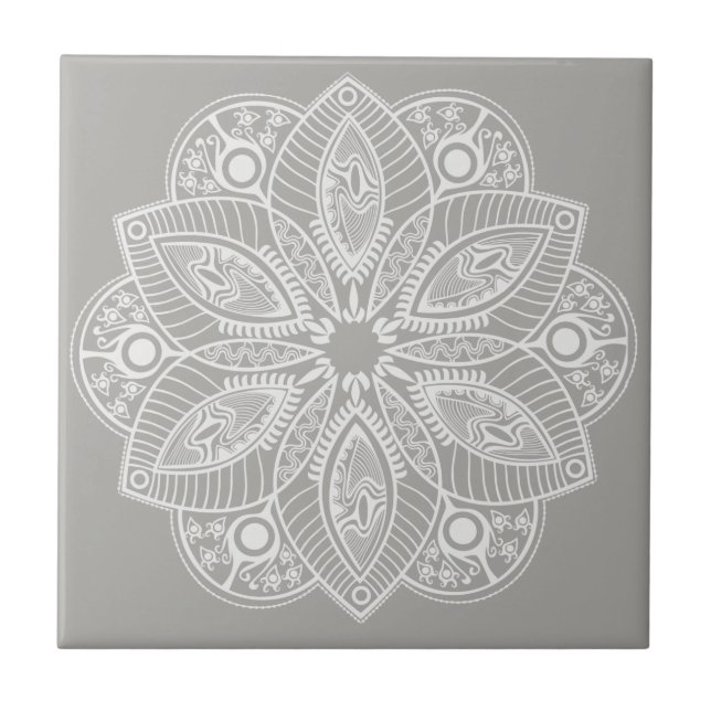 Exotic White Mandala på Grått Background Kakelplatta (Framsidan)