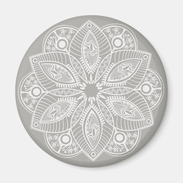 Exotic White Mandala på Grått Background Magnet (Framsidan)