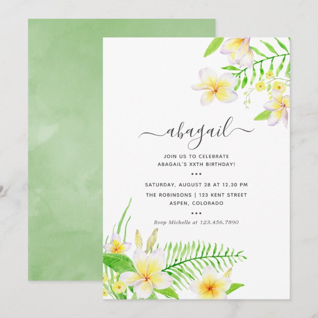 Exotisk akvarell Frangipani Blommig Födelsedag Inbjudningar (Fram/baksida)