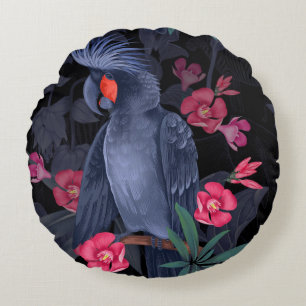 Exotisk Blommigt Black Parrot: Tropiska naturen Rund Kudde