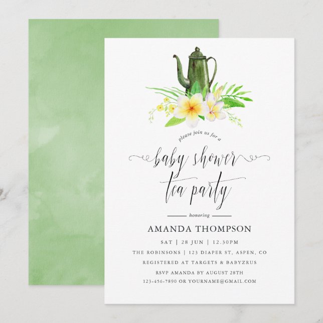 Exotisk blomster frangipani baby shower teparty inbjudningar (Fram/baksida)