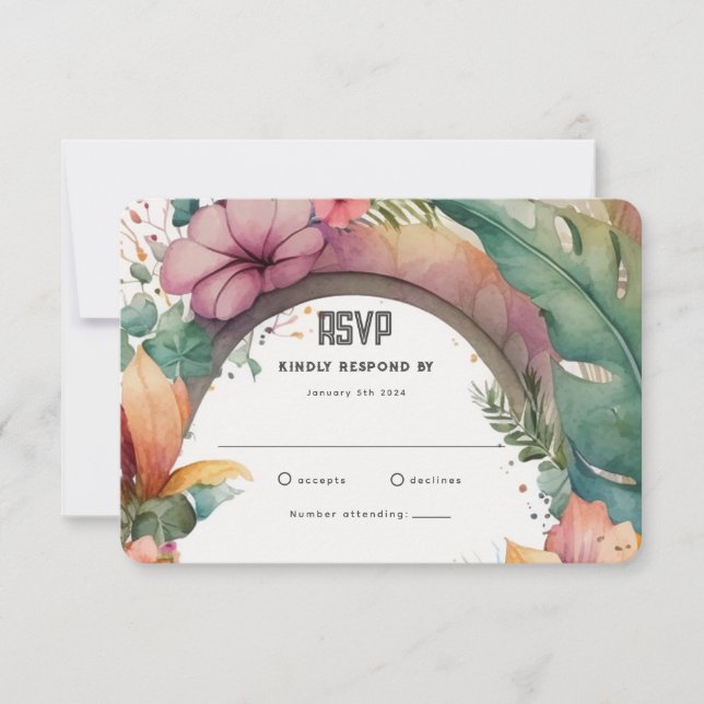 Exotisk blomsterbåge sommar trädgård bröllop RSVP- OSA Kort (Framsida)