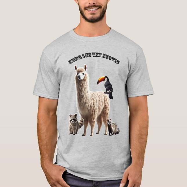 Exotisk Djurälskare Llama, Raccoon, Ferret och Bir T Shirt (Framsida)