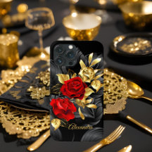 Exotisk Elegant Röd ros Blommigt Rik Guld Black