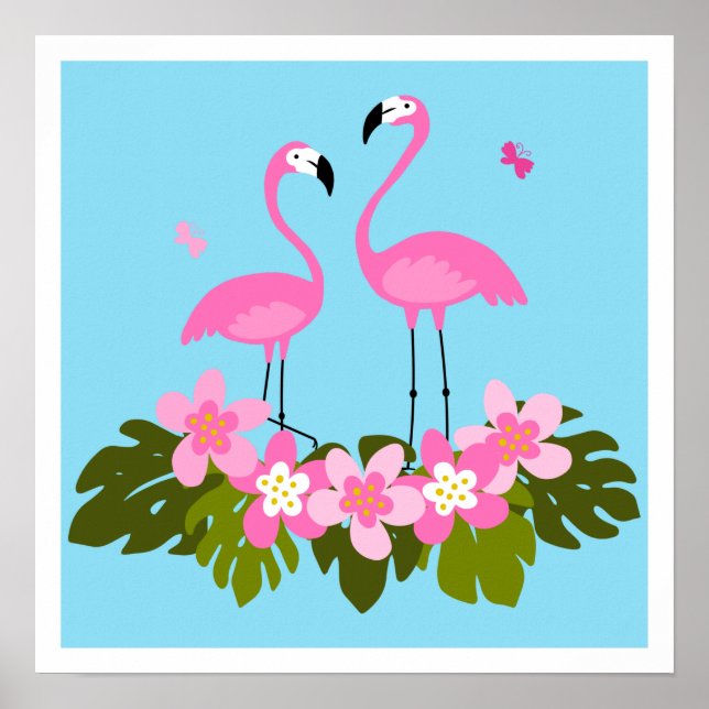 Exotisk fågel. Flamingofåglar och tropiska löv Poster (Framsidan)