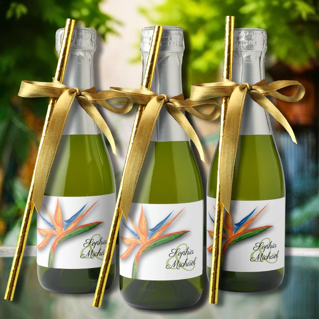 Exotisk fågel vid Paradise Watercolor Bröllop Mini (Bird of paradise tropical mini sparkling wine labels personalized for your wedding)