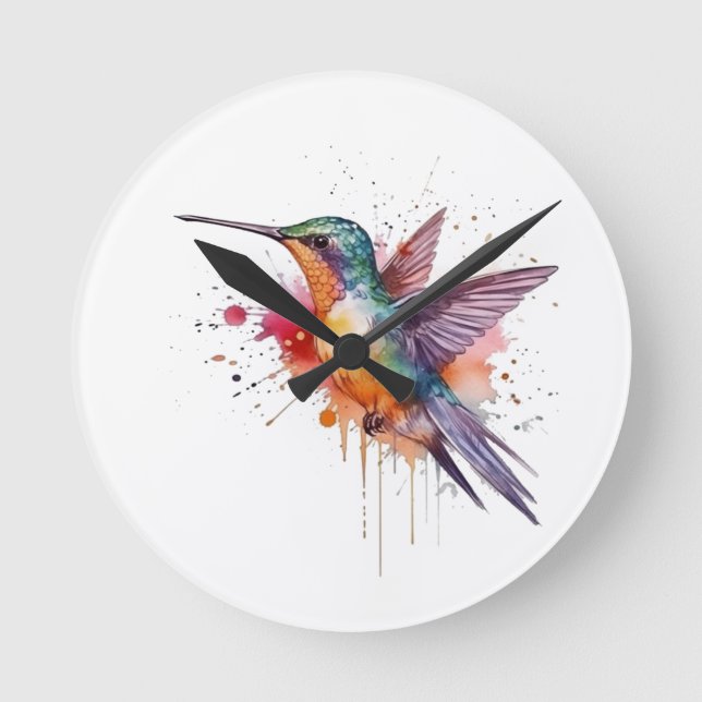 exotisk färgad hummingbird i färgen flight water c rund klocka (Framsida)