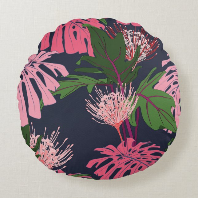Exotisk grönt och rosa tropiska löv handflatan och rund kudde (Framsidan)