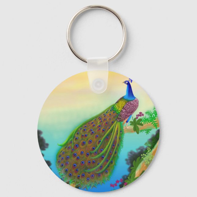 Exotisk Grönt Peacock Nyckelring (Framsida)