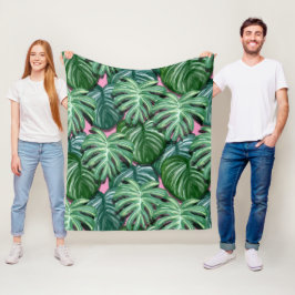Exotisk Grönt Tropical Löv Mönster Fleecefilt