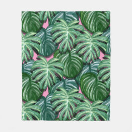 Exotisk Grönt Tropical Löv Mönster Fleecefilt
