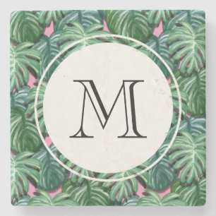 Exotisk Grönt Tropical Löv Mönster Monogram Stenunderlägg