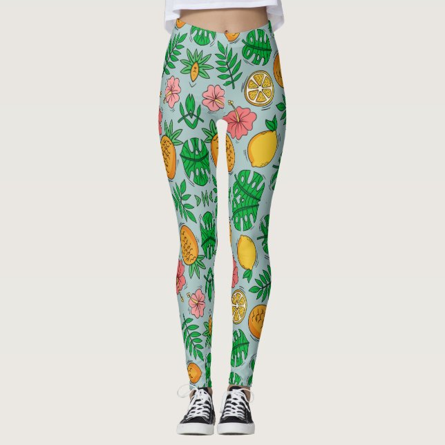 Exotisk gult rosa och grönt löv Blommönster Leggings (Framsida)
