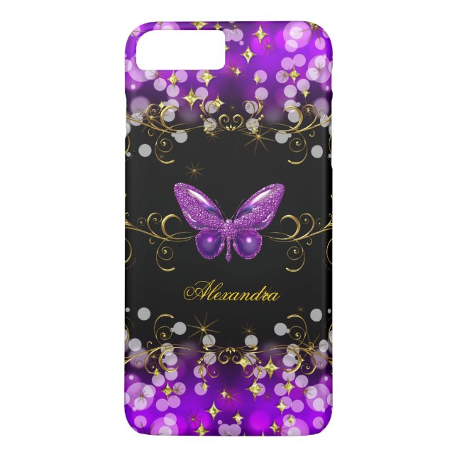 Exotisk Lila Guld Svart Fjäril Glitter Case-Mate iPhone Skal (Baksida)