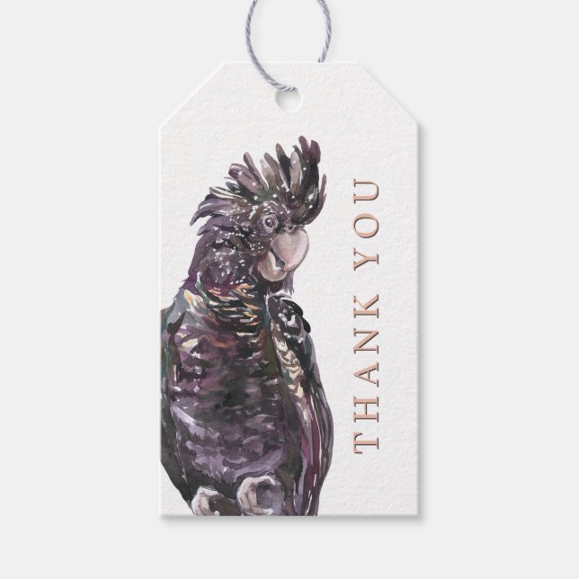 Exotisk lila plommonpapegoja tack presentetikett (Framsidan)