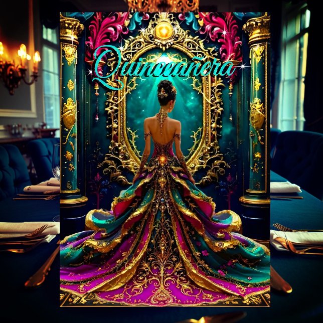 Exotisk Quinceanera 15-årsdag Teal Guld Magisk Inbjudningar (Skapare uppladdad)