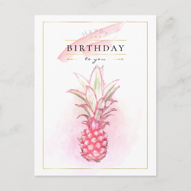 Exotisk Rosa Ananas Vattenfärg Birthday Art Vykort (Framsida)